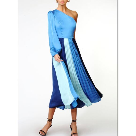 Adelyn Rae Dresses & Skirts - Adelyn Rae Cher One Shoulder Pleated Colorblock Midi Dress Lapis Blue Size Small